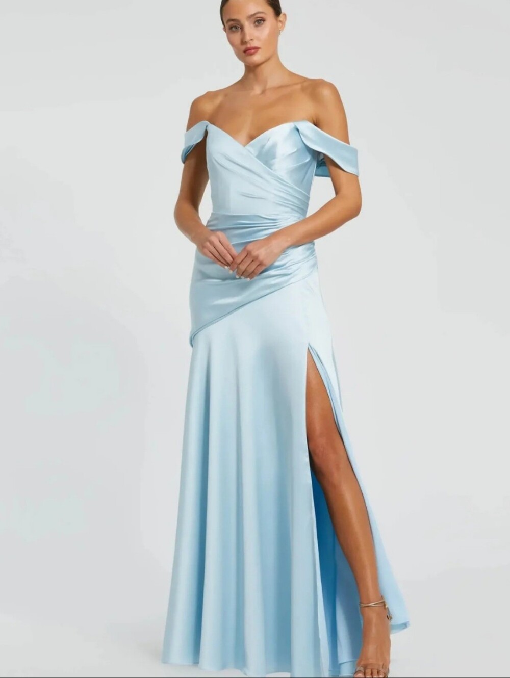 NWT Mac Duggal Hard Satin Off The Shoulder Crossover Gown French Blue 2